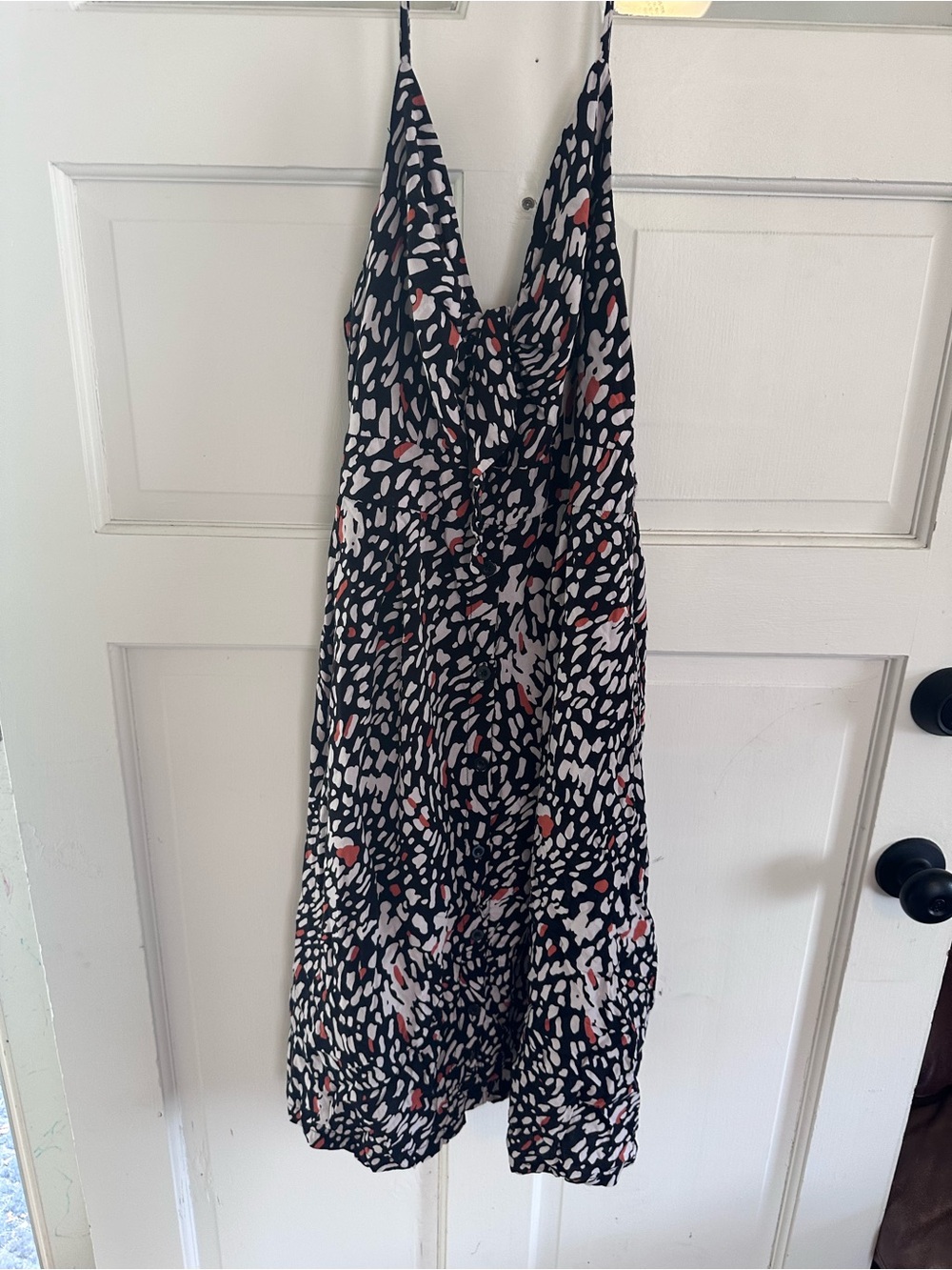 Strapless Black Multi-Spot Slip Dress with Coral Accents